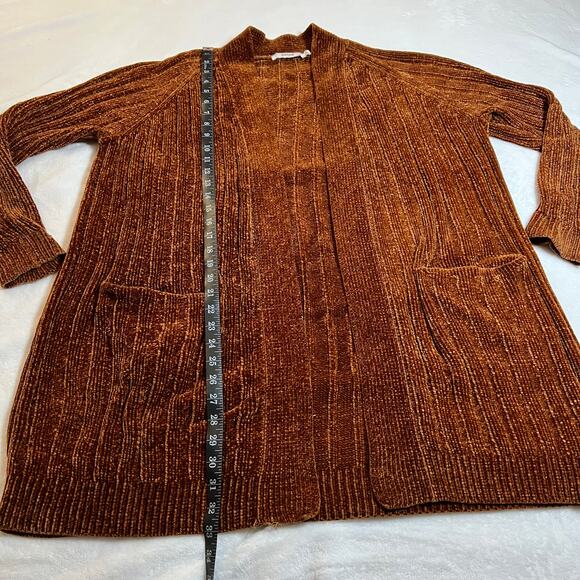 JustFab Chenille Knit Open Front Cardigan Size Medium Pockets Cozy Neutral - Picture 6 of 7